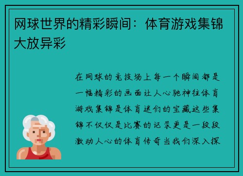 网球世界的精彩瞬间：体育游戏集锦大放异彩