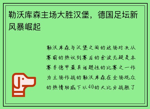 勒沃库森主场大胜汉堡，德国足坛新风暴崛起